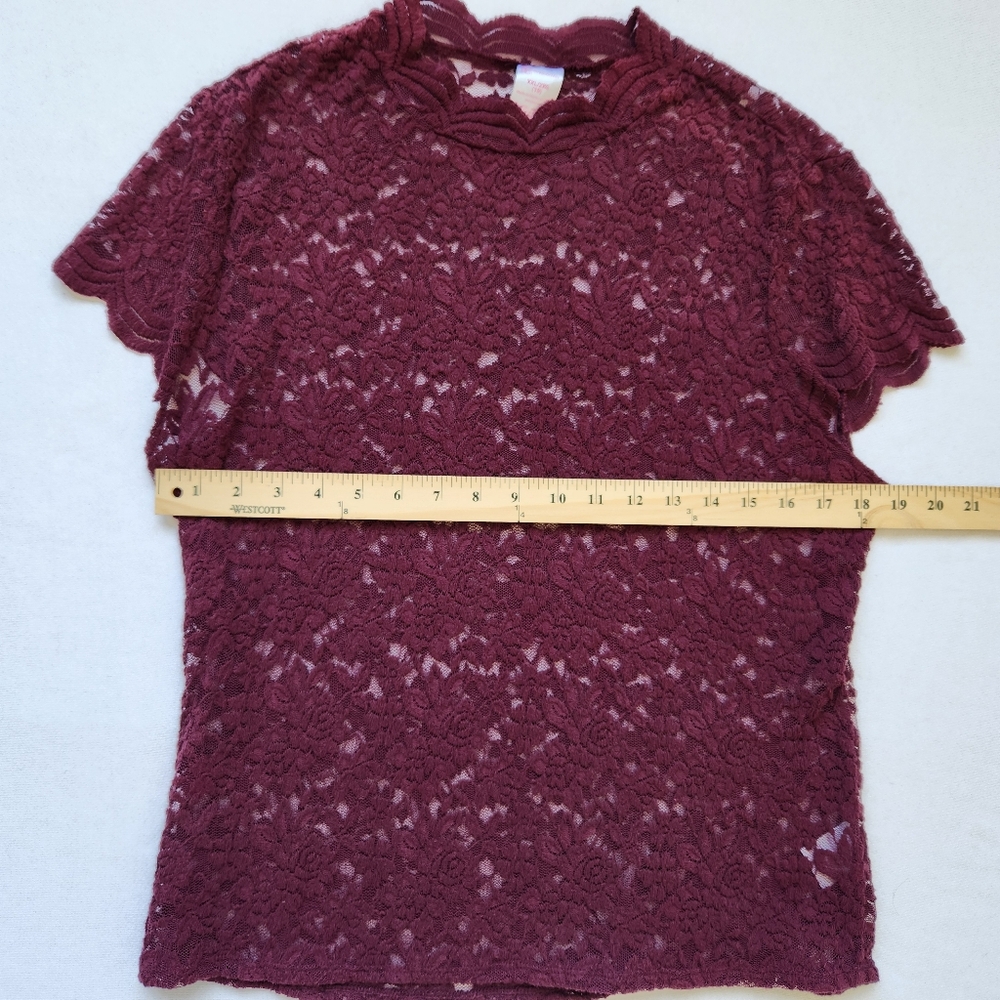 Lace Sheer Top Stretchy Whimsigoth Short Sleeve Maroon Burgundy Oxblood Pretty - Picture 13 of 14